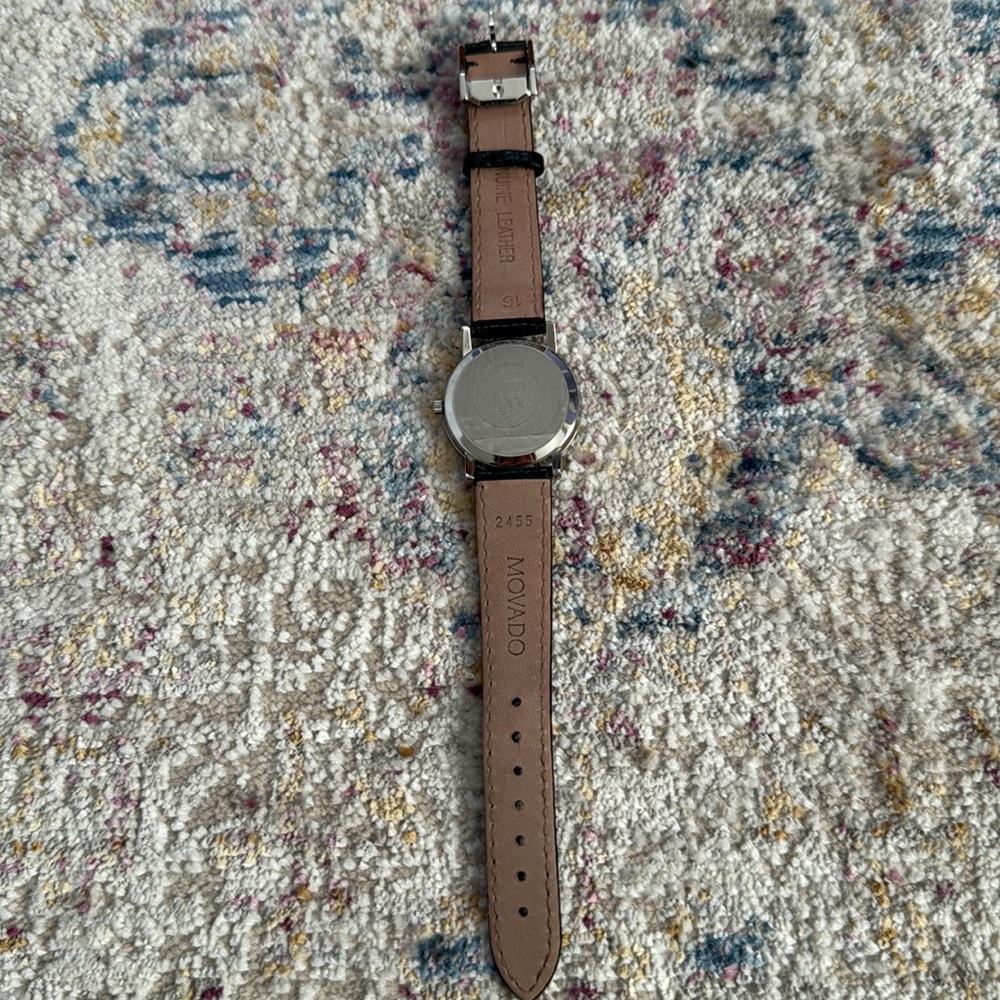 Movado Museum collection women’s silver watch with black leather band. - Picture 6 of 11